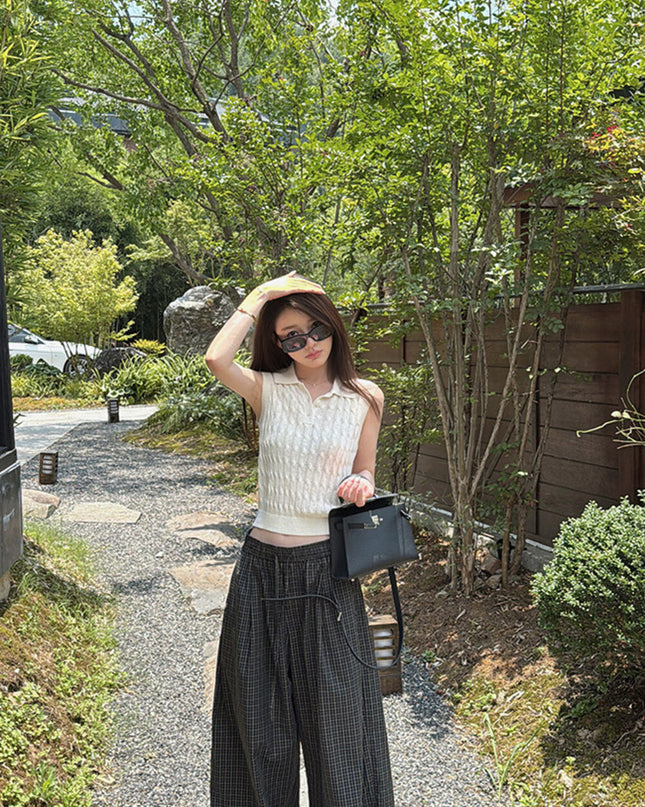 Y.JIA Cable Knit Polo Top + Vintage Plaid Casual Pants Set