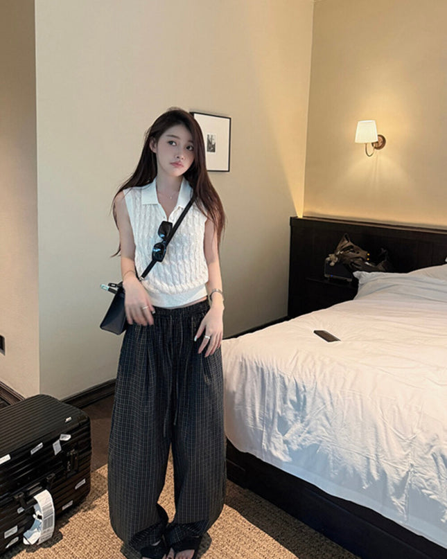 Y.JIA Cable Knit Polo Top + Vintage Plaid Casual Pants Set