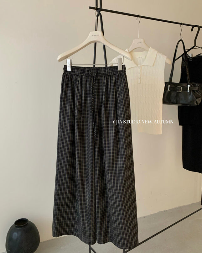 Y.JIA Cable Knit Polo Top + Vintage Plaid Casual Pants Set