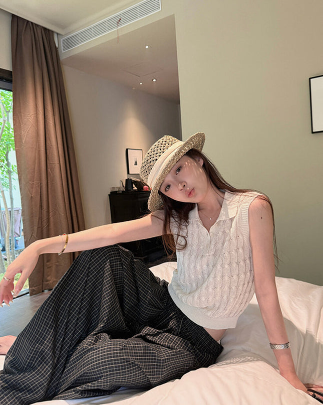 Y.JIA Cable Knit Polo Top + Vintage Plaid Casual Pants Set
