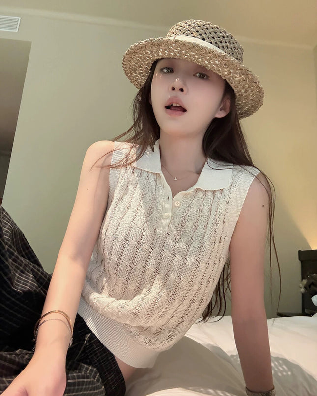Y.JIA Cable Knit Polo Top + Vintage Plaid Casual Pants Set