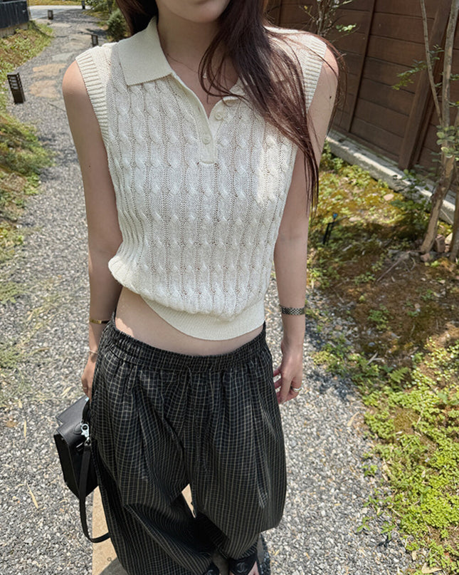Y.JIA Cable Knit Polo Top + Vintage Plaid Casual Pants Set