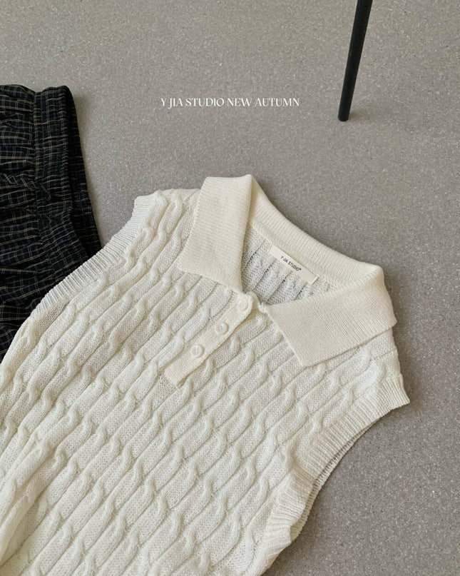 Y.JIA Cable Knit Polo Top + Vintage Plaid Casual Pants Set