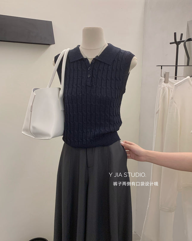 Y.JIA Cable Knit Polo Vest + Relaxed Balloon Trouser Set