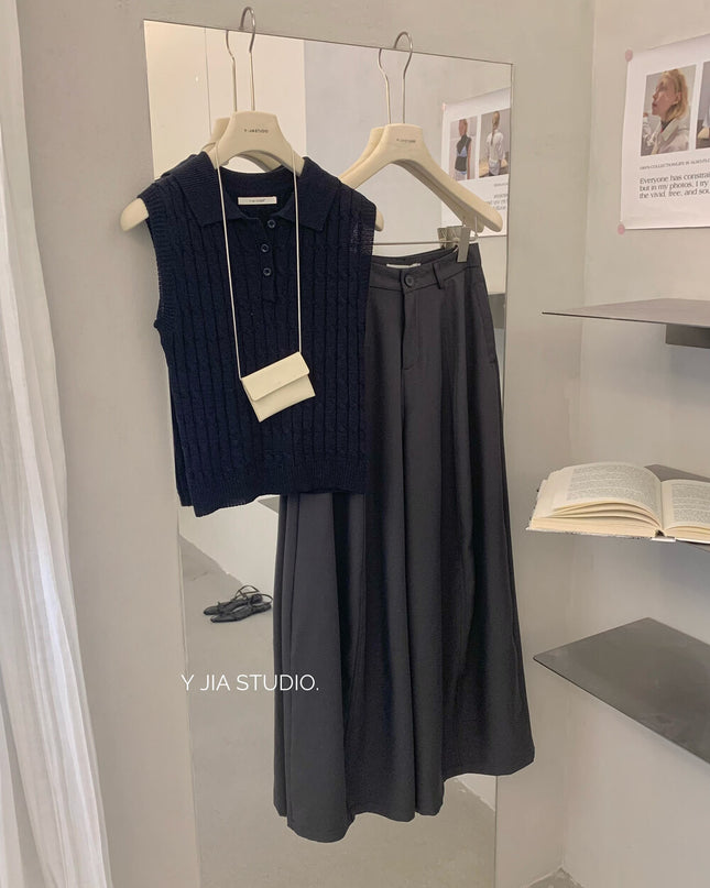 Y.JIA Cable Knit Polo Vest + Relaxed Balloon Trouser Set