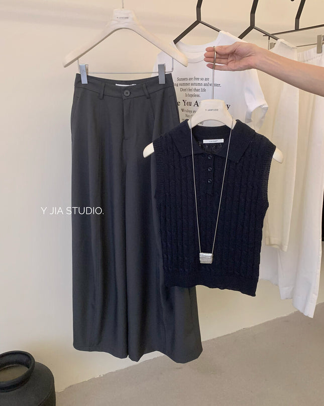 Y.JIA Cable Knit Polo Vest + Relaxed Balloon Trouser Set