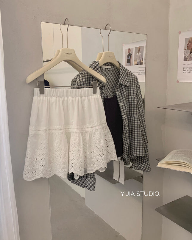 Y.JIA Vintage Lace Trim High-Waist A-Line Skirt