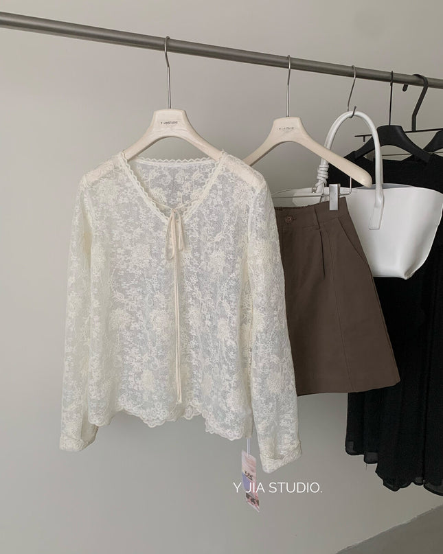 Y.JIA Sheer Lace V-Neck Tie-Front Long Sleeve Top
