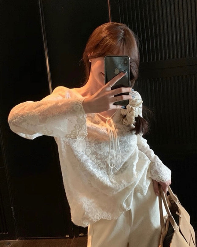 Y.JIA Sheer Lace V-Neck Tie-Front Long Sleeve Top