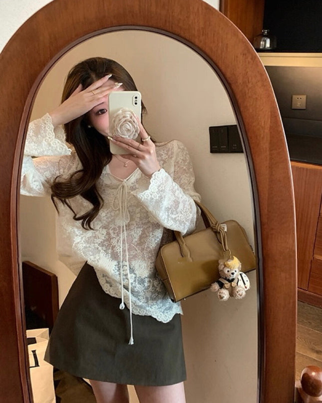 Y.JIA Sheer Lace V-Neck Tie-Front Long Sleeve Top