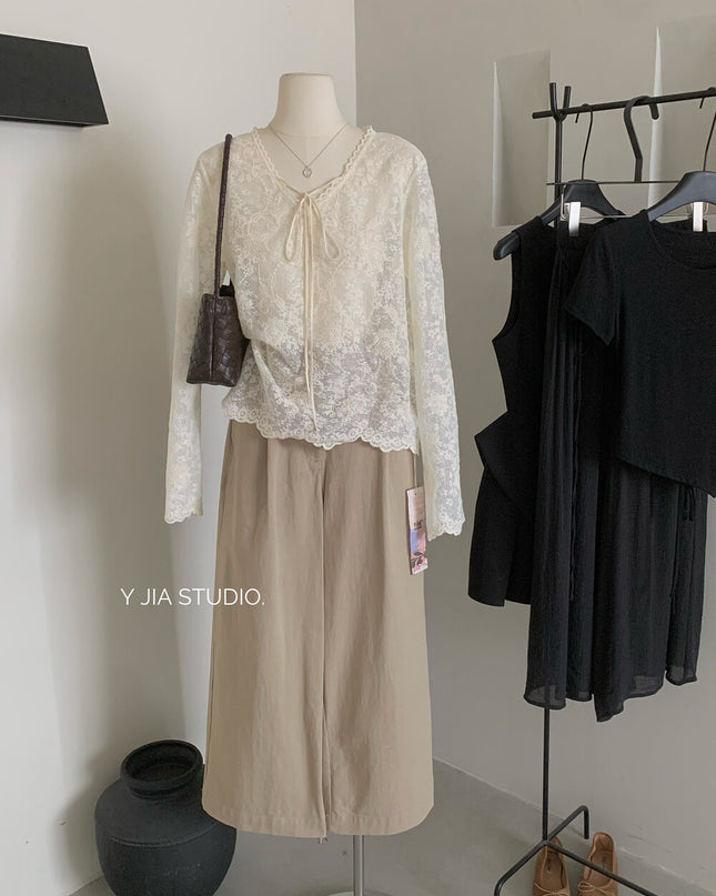 Y.JIA Sheer Lace V-Neck Tie-Front Long Sleeve Top