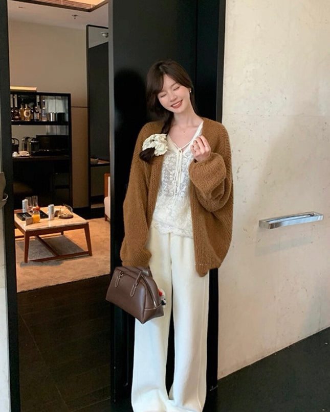 Y.JIA Sheer Lace V-Neck Tie-Front Long Sleeve Top