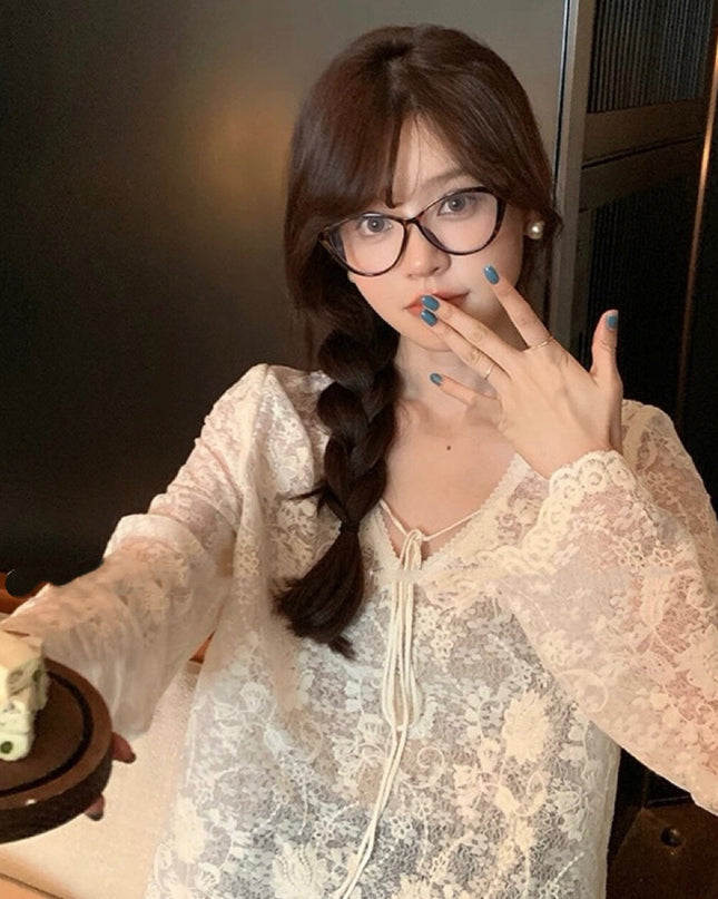Y.JIA Sheer Lace V-Neck Tie-Front Long Sleeve Top