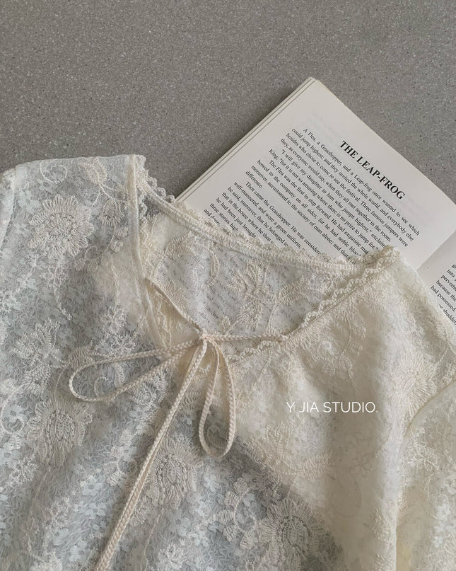 Y.JIA Sheer Lace V-Neck Tie-Front Long Sleeve Top