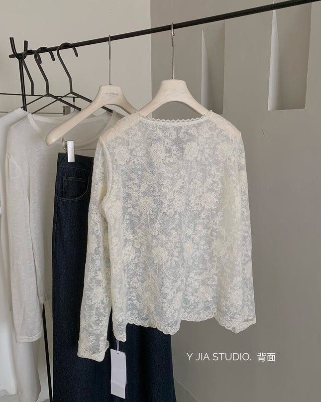 Y.JIA Sheer Lace V-Neck Tie-Front Long Sleeve Top