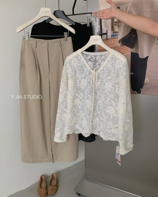Y.JIA Sheer Lace V-Neck Tie-Front Long Sleeve Top