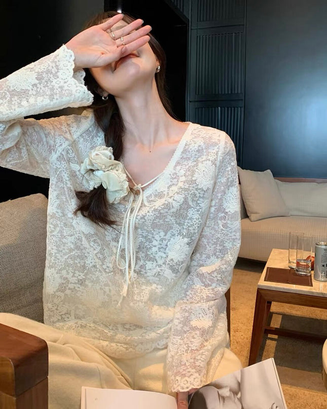 Y.JIA Sheer Lace V-Neck Tie-Front Long Sleeve Top