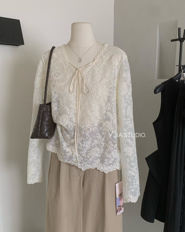 Y.JIA Sheer Lace V-Neck Tie-Front Long Sleeve Top