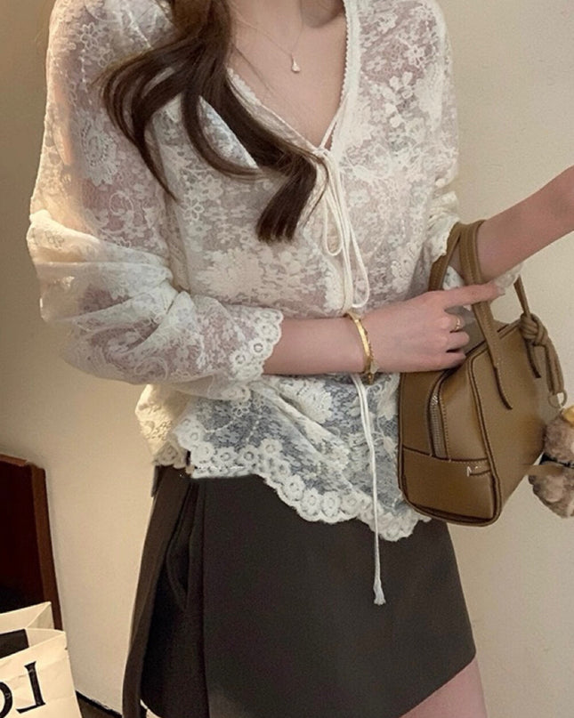 Y.JIA Sheer Lace V-Neck Tie-Front Long Sleeve Top