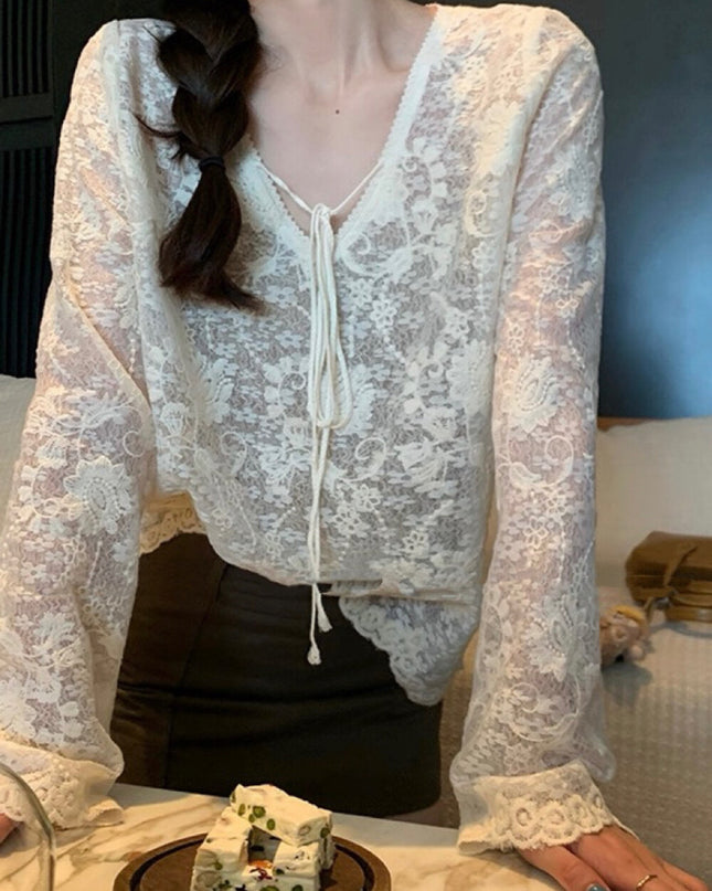 Y.JIA Sheer Lace V-Neck Tie-Front Long Sleeve Top