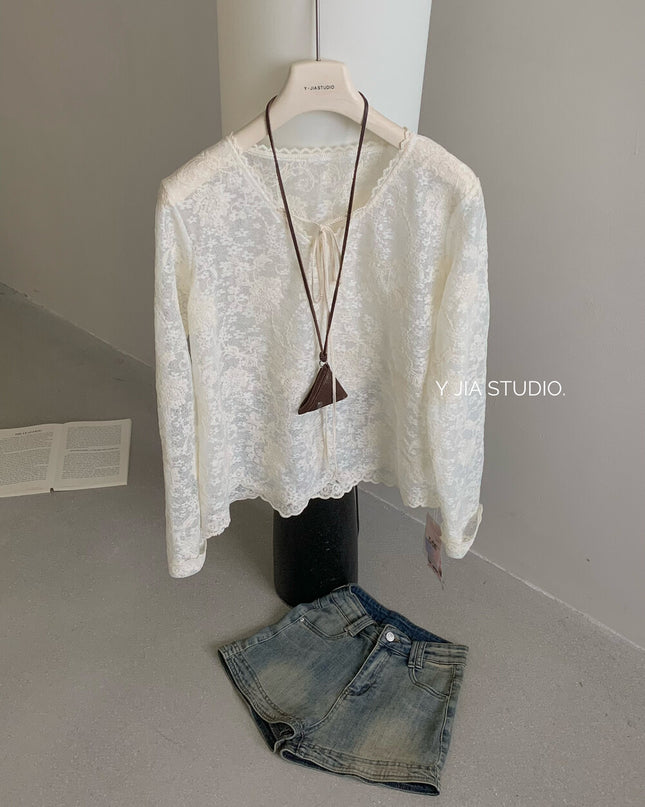 Y.JIA Sheer Lace V-Neck Tie-Front Long Sleeve Top