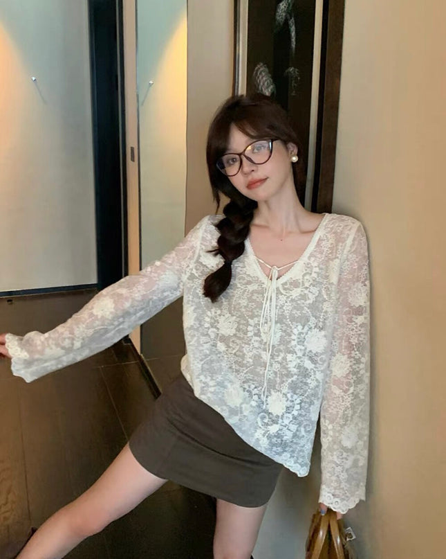 Y.JIA Sheer Lace V-Neck Tie-Front Long Sleeve Top