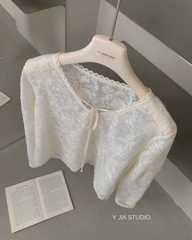 Y.JIA Sheer Lace V-Neck Tie-Front Long Sleeve Top