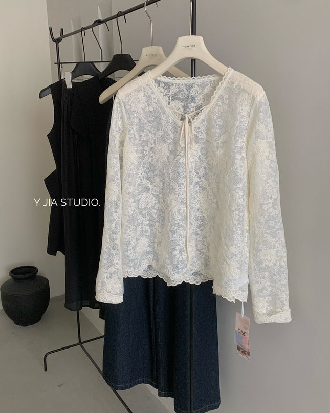 Y.JIA Sheer Lace V-Neck Tie-Front Long Sleeve Top