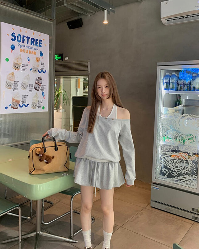 Y.JIA Asymmetrical Off-Shoulder Sweatshirt + A-Line Bubble Skirt Set