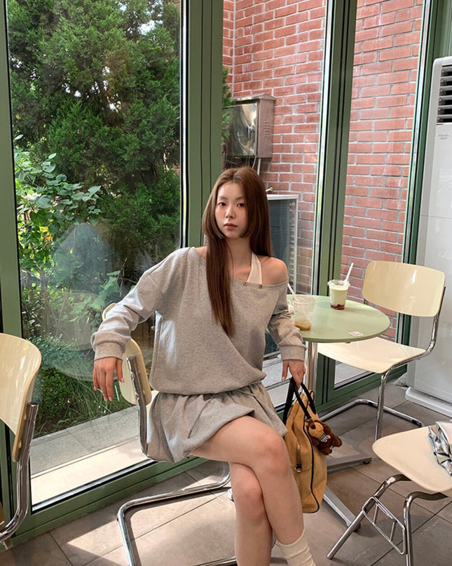Y.JIA Asymmetrical Off-Shoulder Sweatshirt + A-Line Bubble Skirt Set