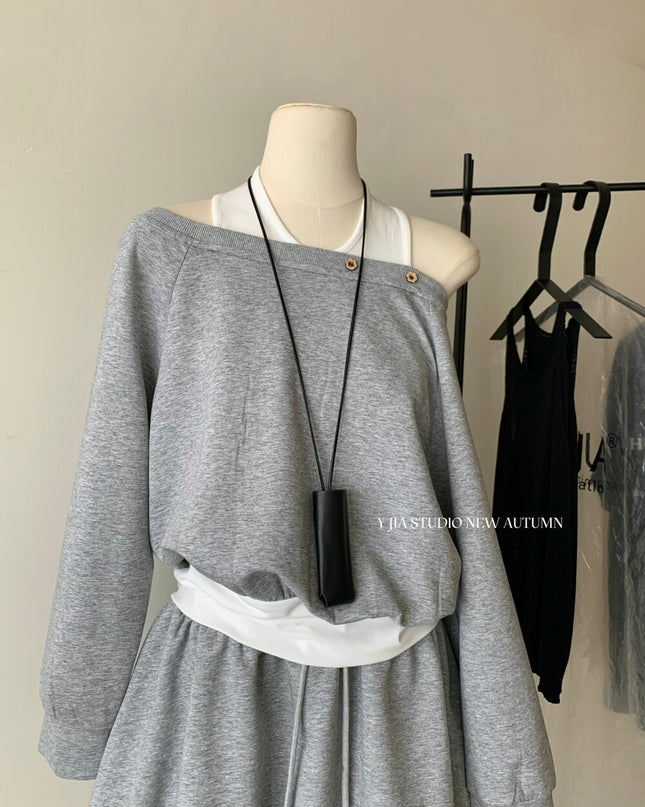 Y.JIA Asymmetrical Off-Shoulder Sweatshirt + A-Line Bubble Skirt Set