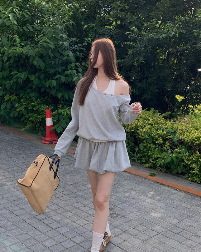 Y.JIA Asymmetrical Off-Shoulder Sweatshirt + A-Line Bubble Skirt Set