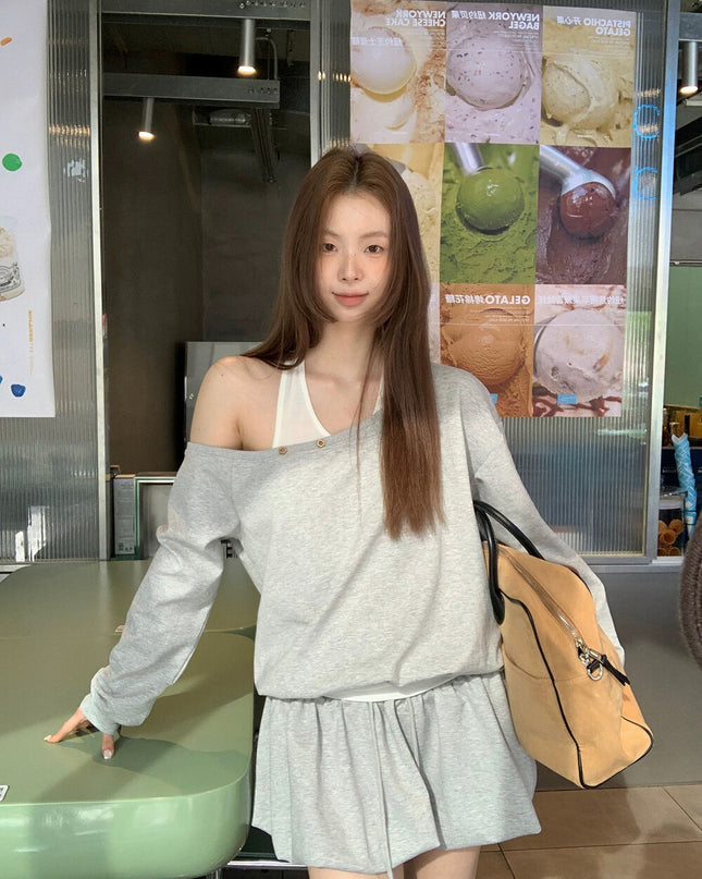 Y.JIA Asymmetrical Off-Shoulder Sweatshirt + A-Line Bubble Skirt Set