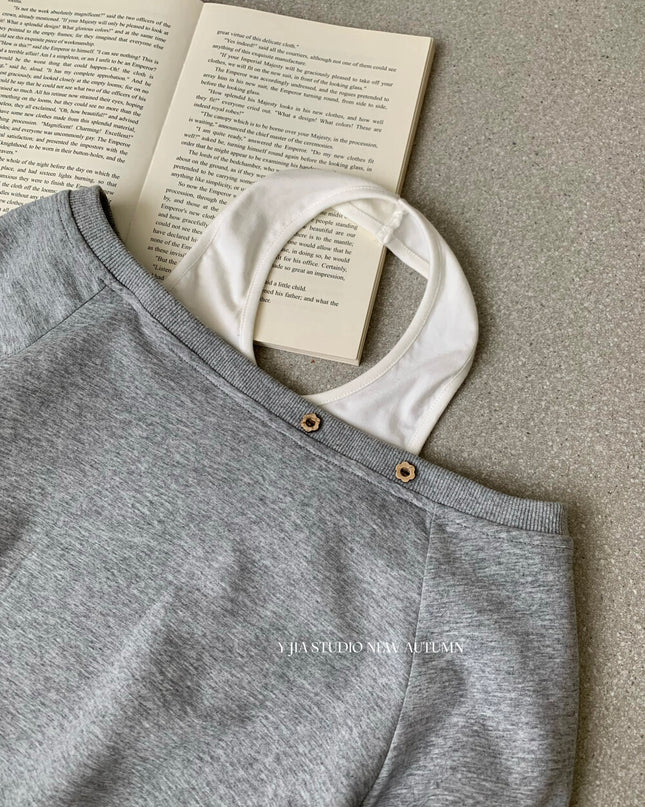 Y.JIA Asymmetrical Off-Shoulder Sweatshirt + A-Line Bubble Skirt Set