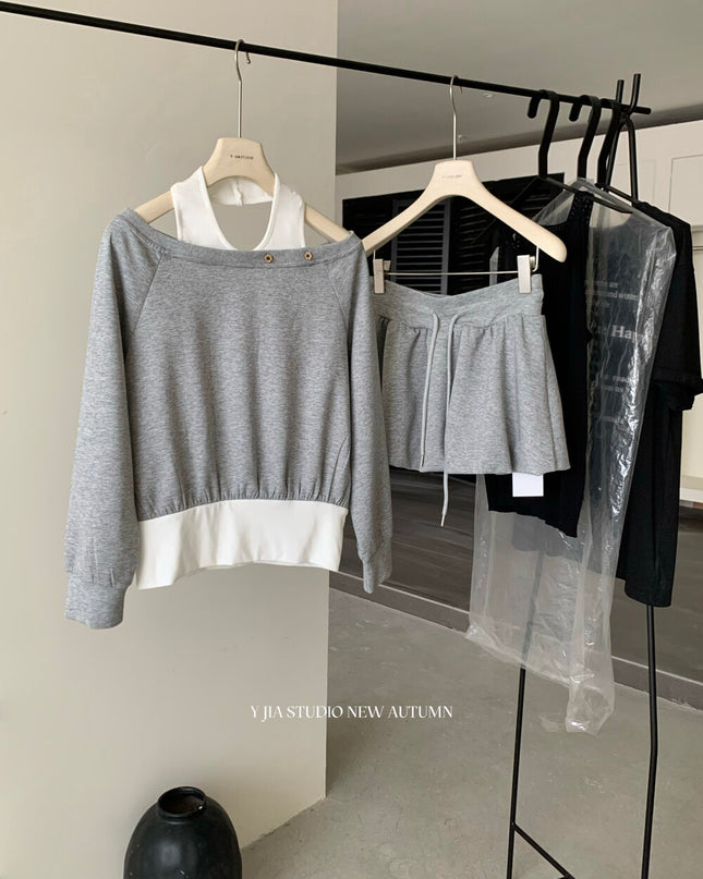 Y.JIA Asymmetrical Off-Shoulder Sweatshirt + A-Line Bubble Skirt Set