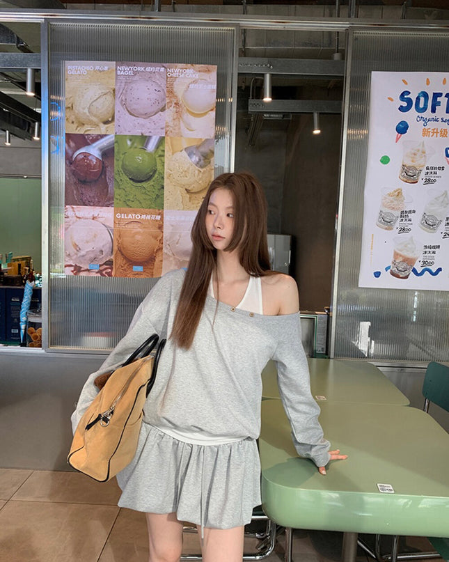 Y.JIA Asymmetrical Off-Shoulder Sweatshirt + A-Line Bubble Skirt Set