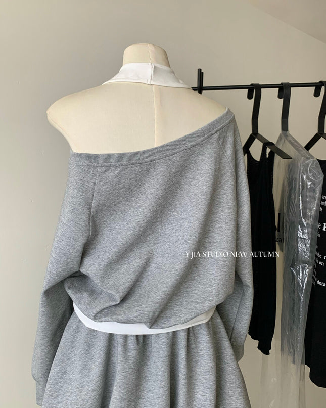 Y.JIA Asymmetrical Off-Shoulder Sweatshirt + A-Line Bubble Skirt Set