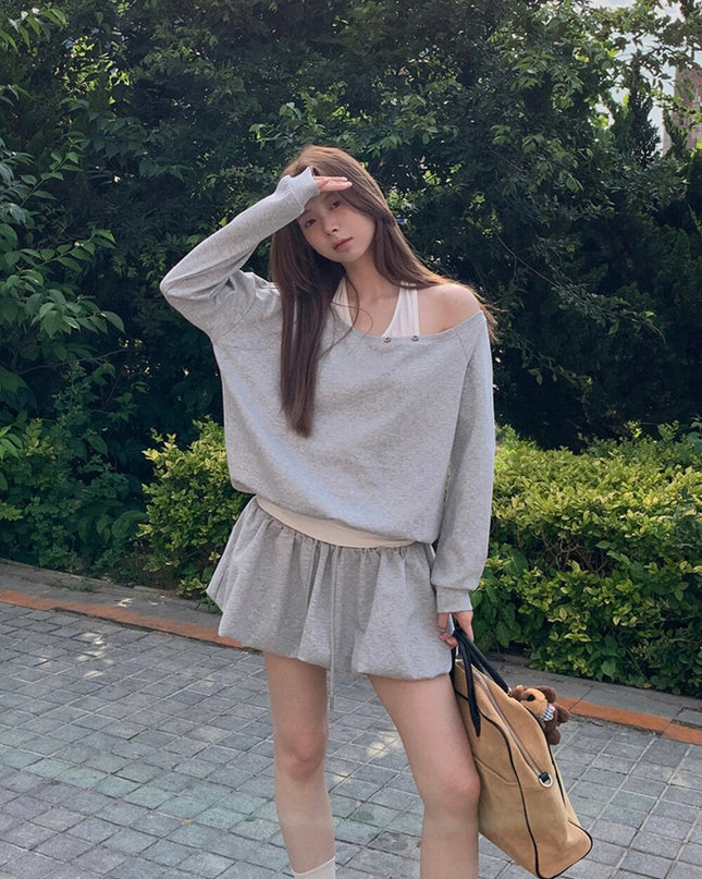 Y.JIA Asymmetrical Off-Shoulder Sweatshirt + A-Line Bubble Skirt Set