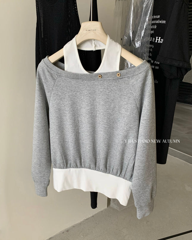 Y.JIA Asymmetrical Off-Shoulder Sweatshirt + A-Line Bubble Skirt Set
