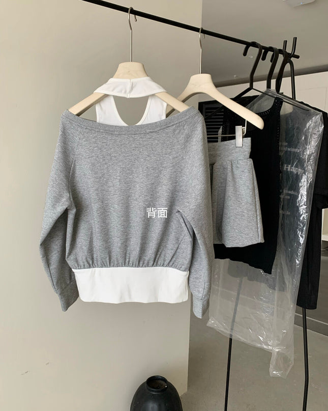 Y.JIA Asymmetrical Off-Shoulder Sweatshirt + A-Line Bubble Skirt Set