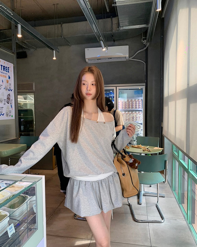 Y.JIA Asymmetrical Off-Shoulder Sweatshirt + A-Line Bubble Skirt Set