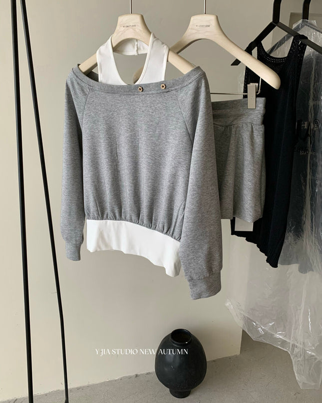Y.JIA Asymmetrical Off-Shoulder Sweatshirt + A-Line Bubble Skirt Set