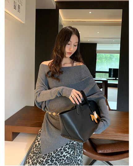 AIXILI Asymmetrical Off-Shoulder Knit Sweater with Waist Tie (wool)