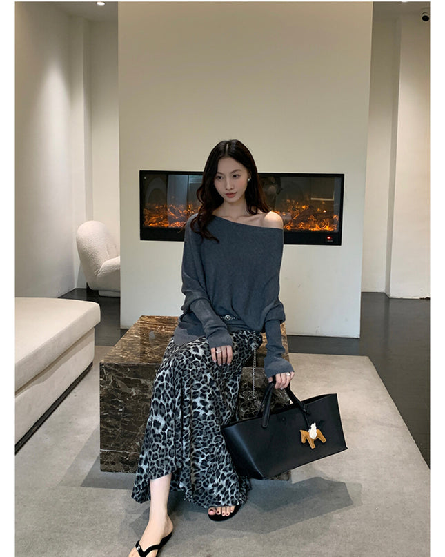 AIXILI Asymmetrical Off-Shoulder Knit Sweater with Waist Tie (wool)