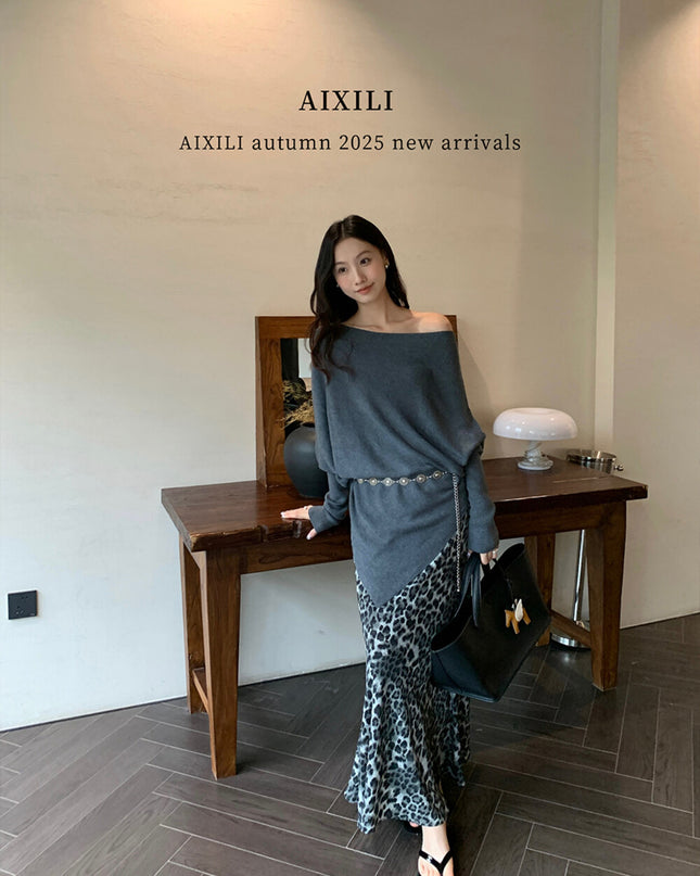 AIXILI Asymmetrical Off-Shoulder Knit Sweater with Waist Tie (wool)