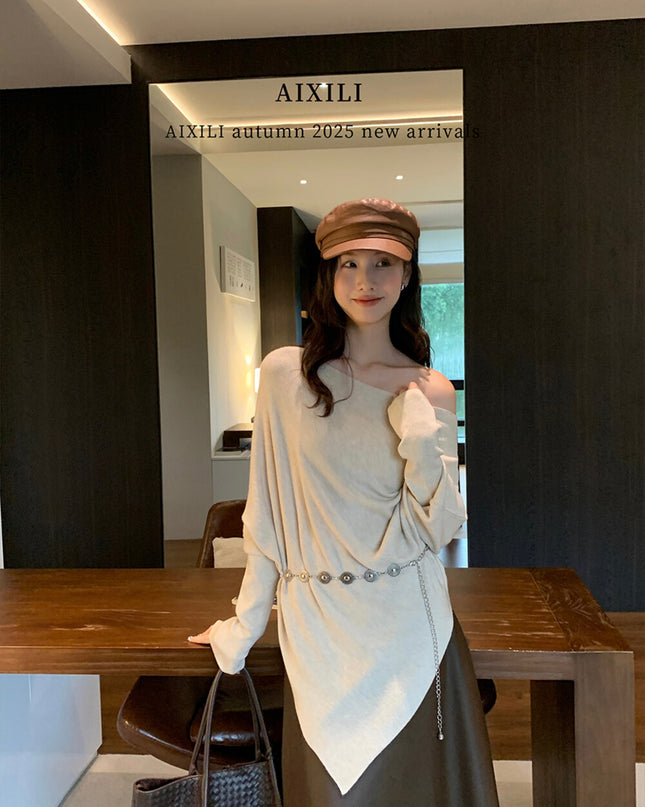 AIXILI Asymmetrical Off-Shoulder Knit Sweater with Waist Tie (wool)