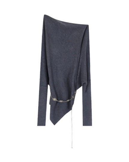 AIXILI Asymmetrical Off-Shoulder Knit Sweater with Waist Tie (wool)