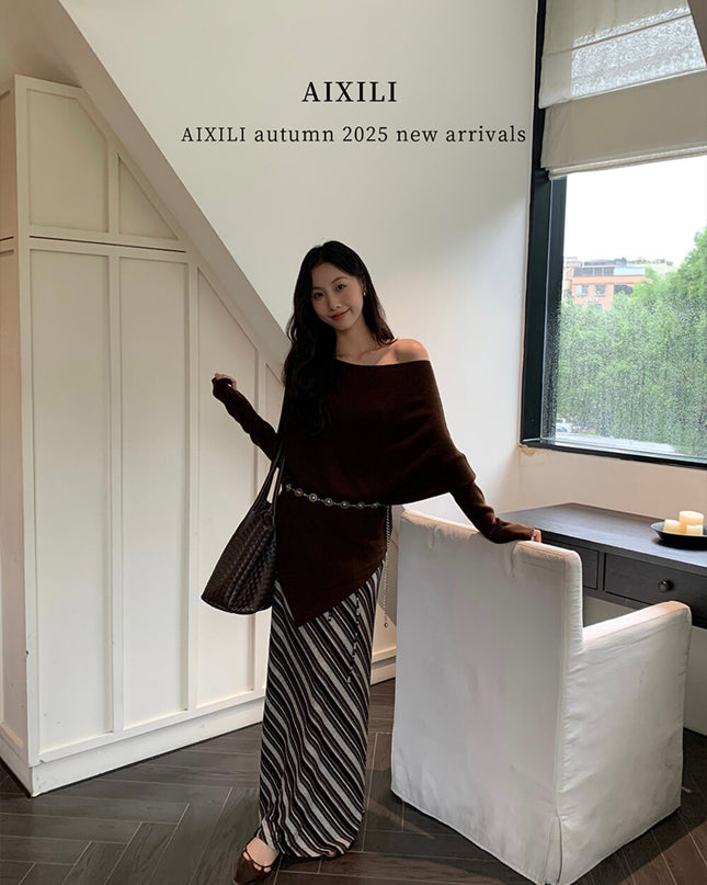 AIXILI Asymmetrical Off-Shoulder Knit Sweater with Waist Tie (wool)
