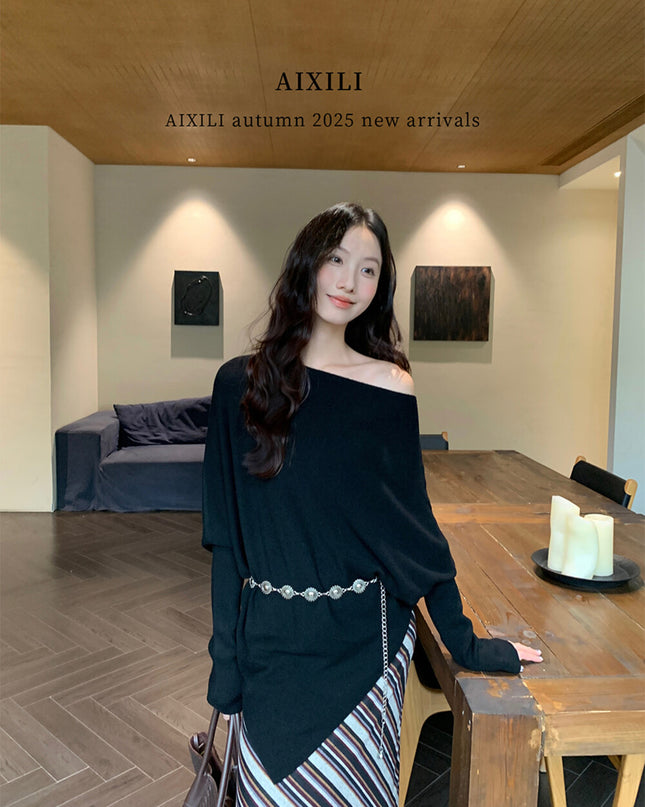 AIXILI Asymmetrical Off-Shoulder Knit Sweater with Waist Tie (wool)