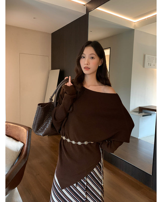 AIXILI Asymmetrical Off-Shoulder Knit Sweater with Waist Tie (wool)